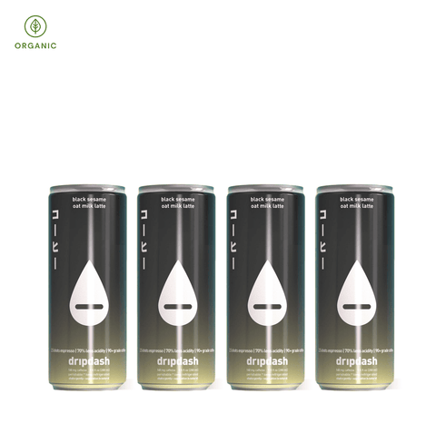 Cans of Dripdash Iced Black Sesame Oat Milk Latte, featuring an organic label.