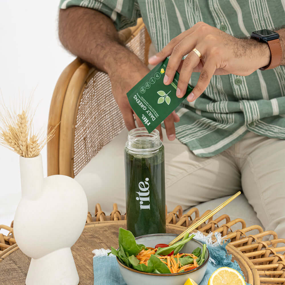 Power your day with RITE. Daily Greens – 30 servings packed with 26 vitamins, 12 superfoods, electrolytes, and pea protein to support energy, immunity, and overall wellness.