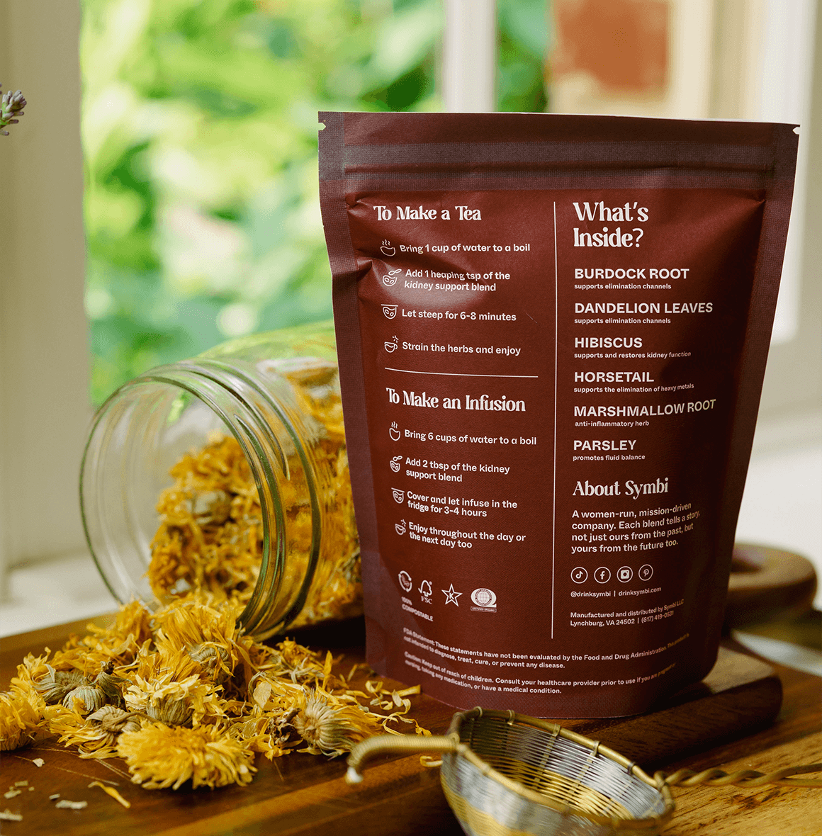 Kidney Support Tea with dandelion leaves, marshmallow root, hibiscus, burdock root, horsetail, and parsley—designed to support elimination channels and maintain fluid balance for overall kidney health.