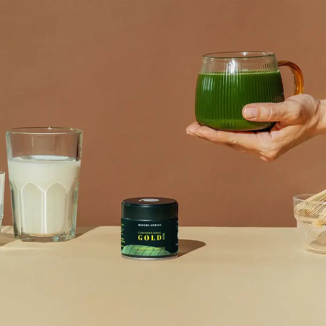 Conventional Ceremonial Matcha Gold No. 2 with green tea in a glass mug, highlighting rare matcha, single harvest, and single cultivar.