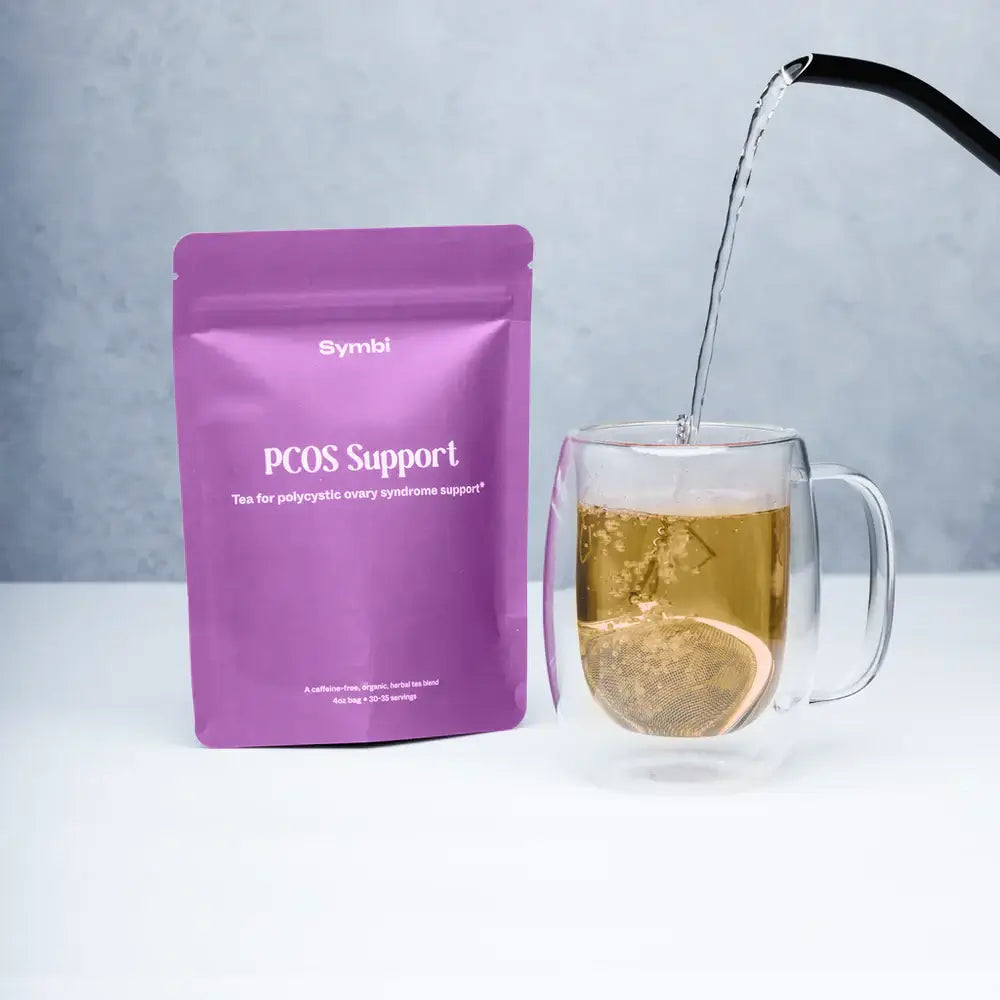 PCOS Tea with spearmint, nettle, cinnamon, ginger, and raspberry leaf—an organic herbal blend designed to support hormonal balance and manage symptoms of Polycystic Ovary Syndrome (PCOS).