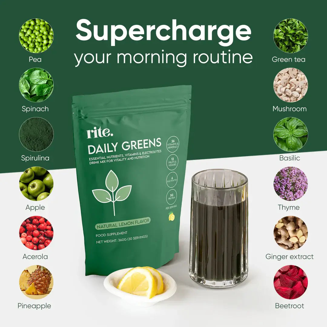 Fuel your health with RITE. Daily Greens – 15 single serves packed with 26 vitamins, 12 superfoods, electrolytes, and pea protein to boost energy, immunity, and focus.