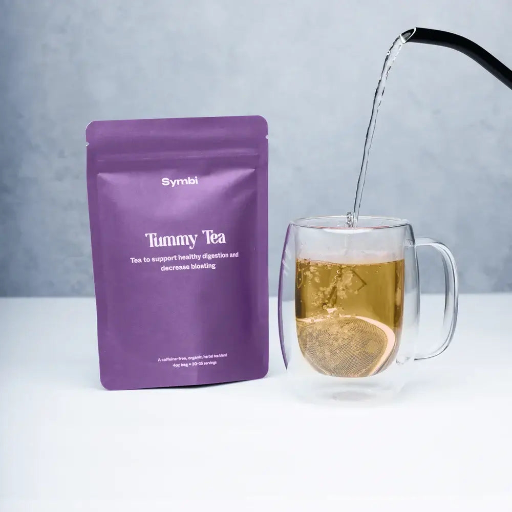 Tummy Tea with chamomile, lemon balm, peppermint, and fennel—an organic herbal blend designed to soothe digestive discomfort and promote gastrointestinal health for a gentle, natural remedy.