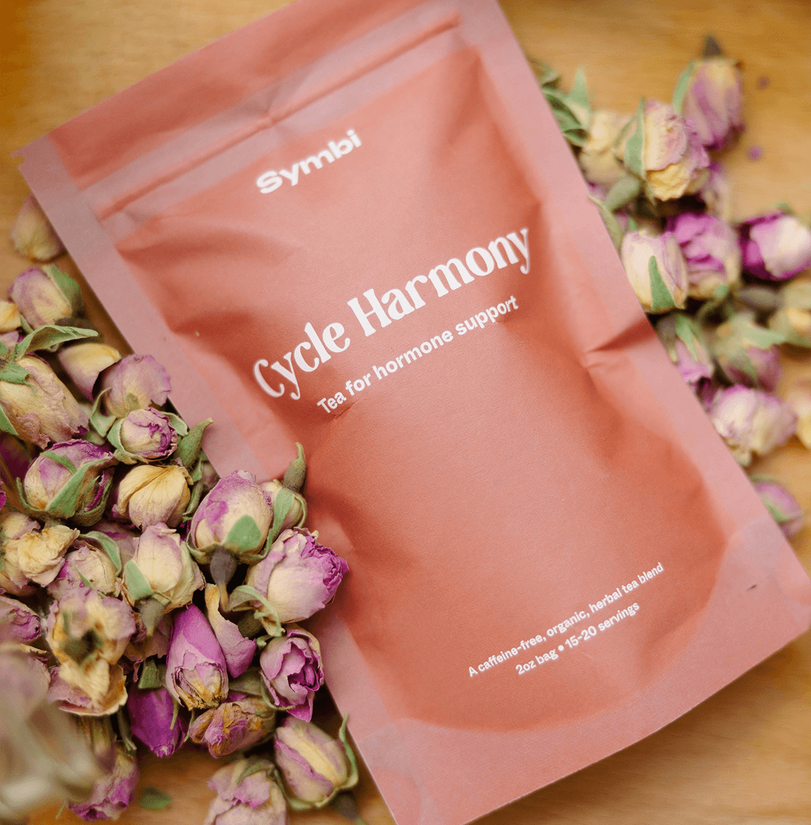 Cycle Harmony Tea with raspberry leaf, chamomile, fennel seed, and hibiscus—designed to relieve PMS pain and support hormonal balance, bringing harmony to your cycle.