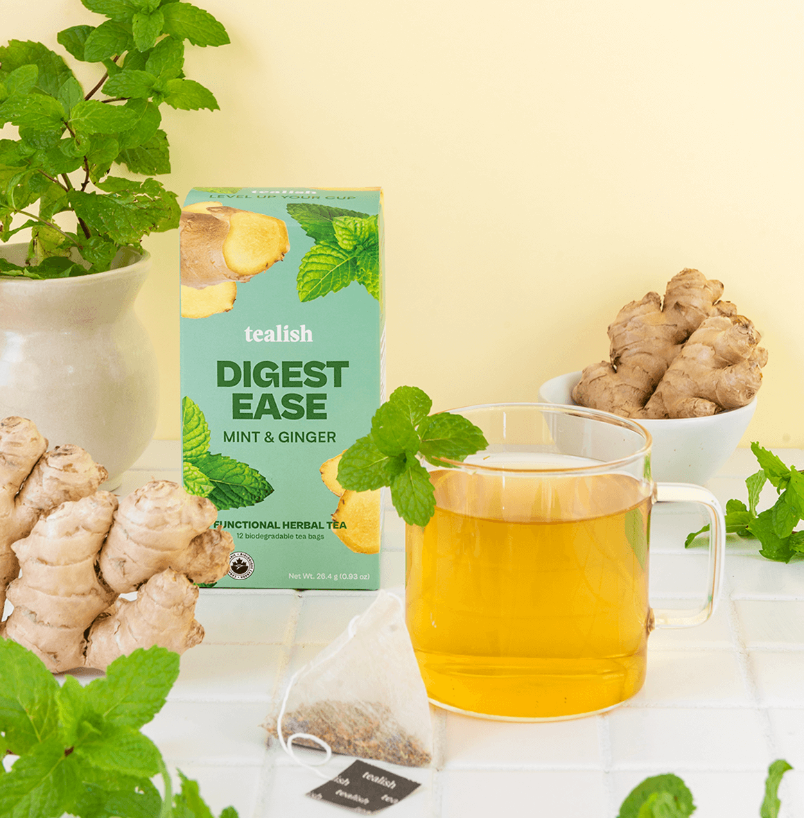 Organic Digest Ease herbal tea with peppermint, ginger, chamomile, and rooibos—soothing, refreshing, and crafted to support digestion and restore gut balance.