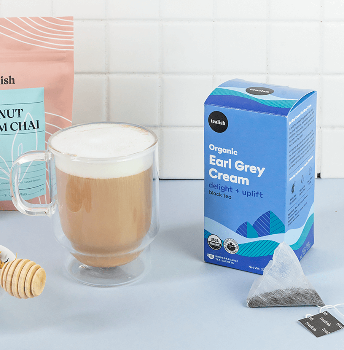 Organic Earl Grey Cream tea with black tea, bergamot, and creamy vanilla—uplifting and satisfying, perfect on its own or as a London Fog latte with steamed milk and honey.