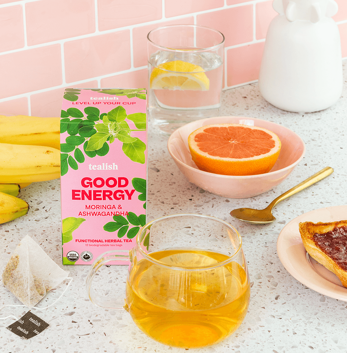 Organic Good Energy herbal tea with moringa, ashwagandha, apple, and elderflower—caffeine-free, energizing, and packed with adaptogens for sustained vitality and well-being.