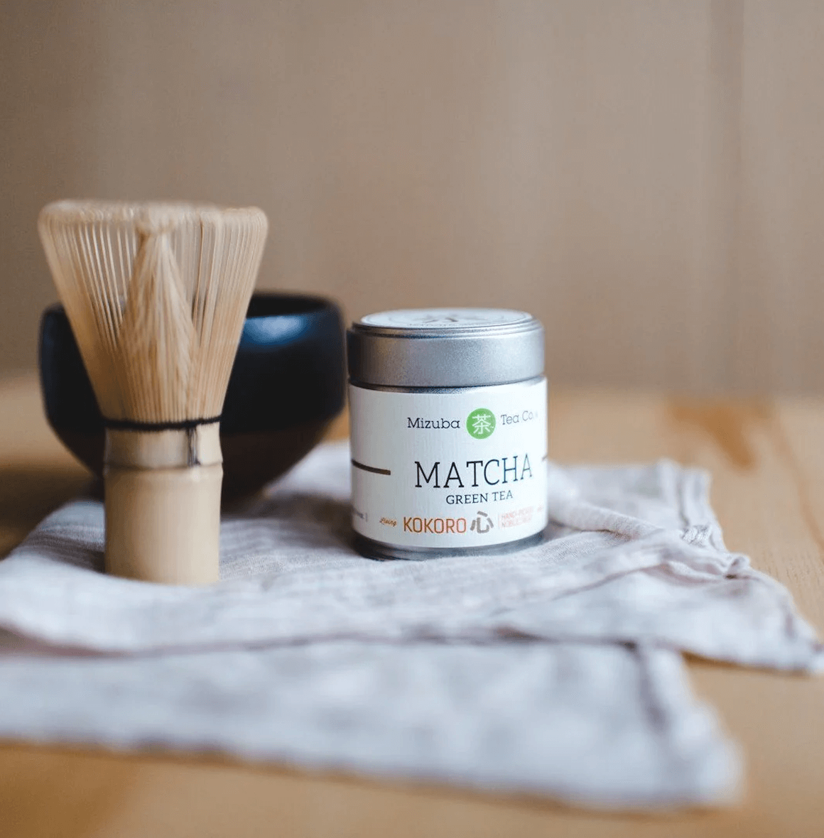 Kokoro Ceremonial Matcha 40g by Mizuba Tea Company in a tin, made from first flush leaves of ancient tea plants in Japan, featuring Samidori, Asahi, and Gokou cultivars for deep flavor.