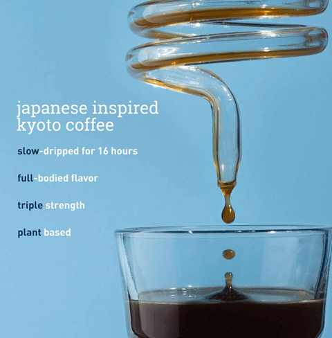 Japanese inspired Kyoto coffee slow-dripped into a glass, showcasing full-bodied flavor and plant-based triple strength.