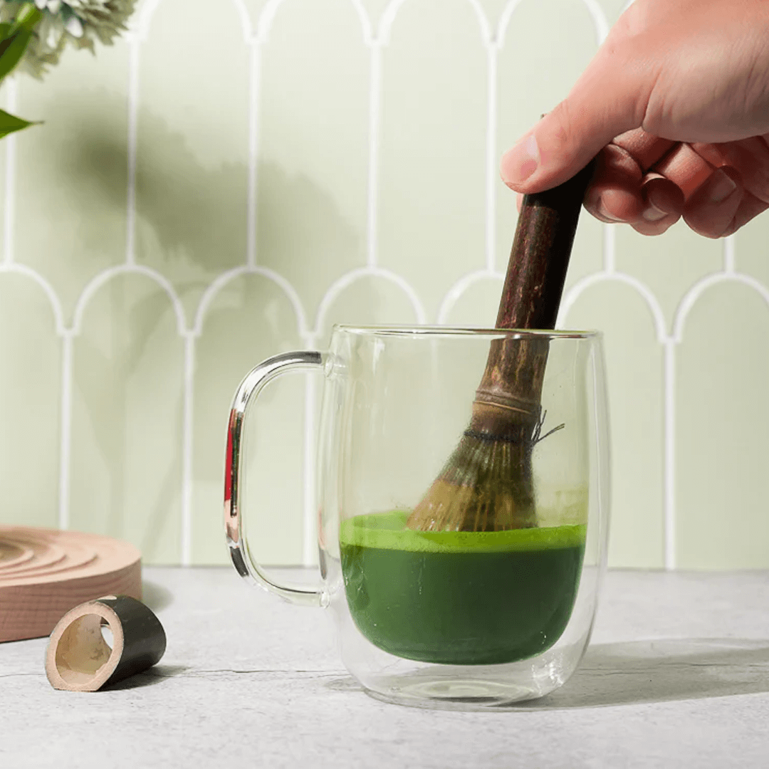 Bamboo whisk with 40 prongs, perfect for Koicha (thick) Matcha tea. Handmade from purple bamboo, 6-inch length, includes storage sleeve.