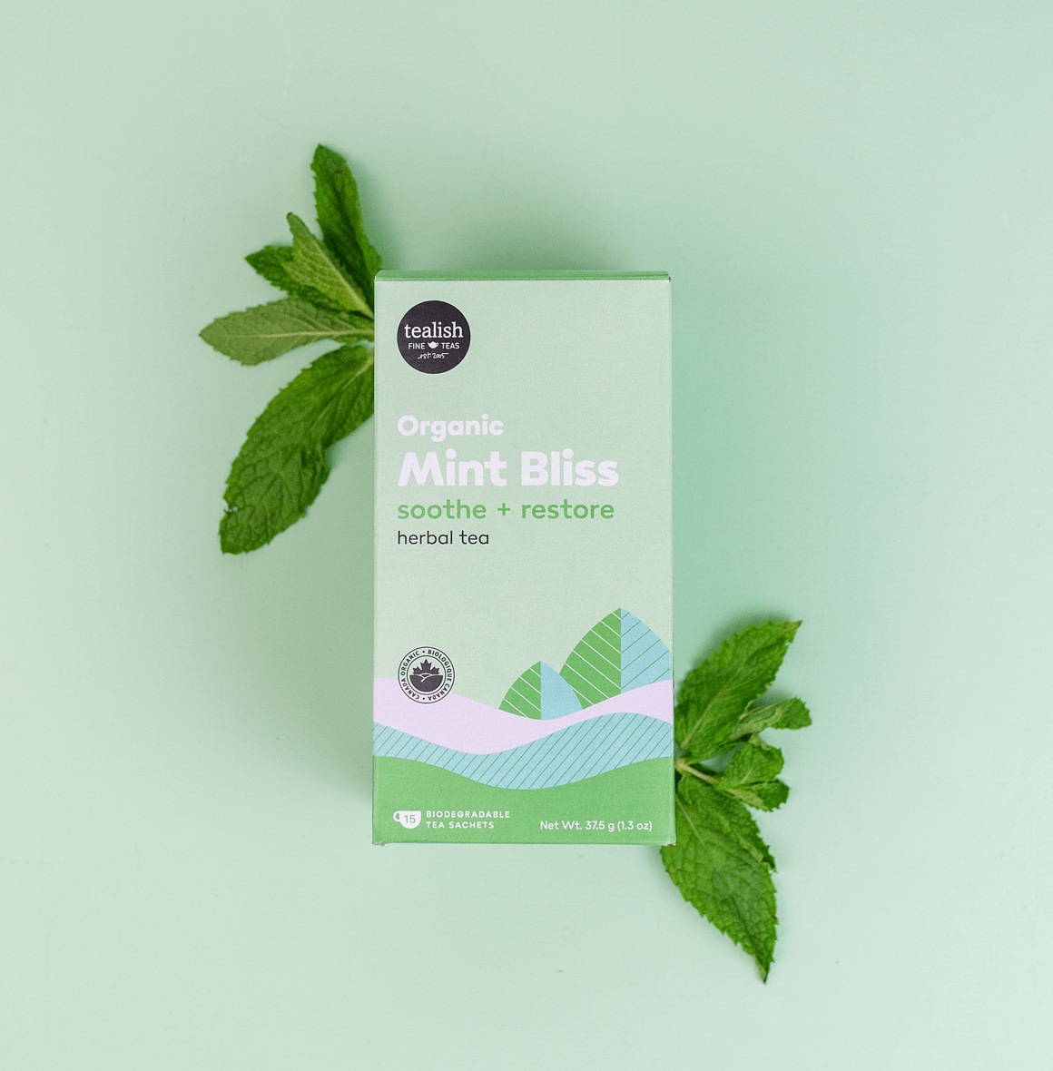 Organic Mint Bliss TEALISH A refreshing blend of peppermint and spearmint, spices, and healing herbs like tulsi. Slip into a state of bliss with each sip of this refreshing herbal blend. A harmonious mix of bright mints, warming spices, and relaxing herbs