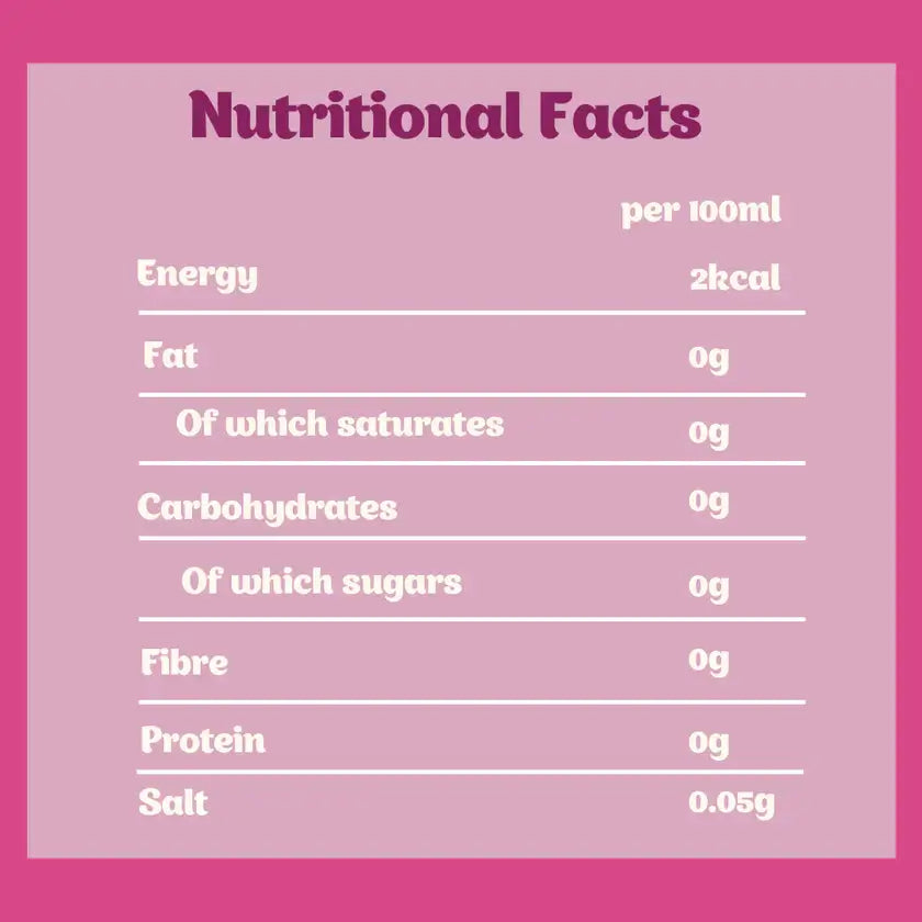Nutritional facts of Revibed Raspberry & Acai Superfood Infusion, showing 2kcal energy, 0g fat, 0g carbohydrates, and 0.05g salt per 100ml.
