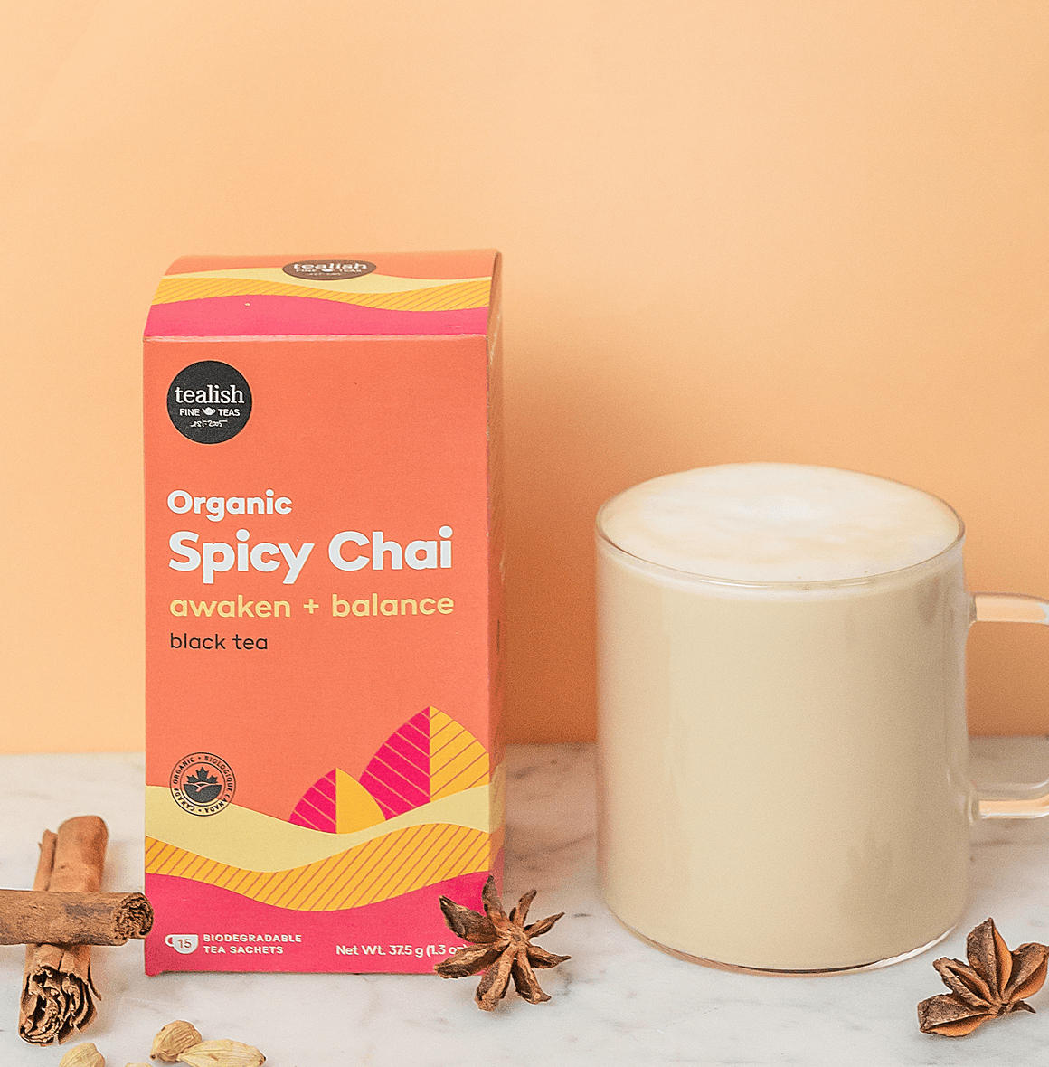 Organic Spicy Chai with premium black tea and bold chai spices—invigorating, aromatic, and perfect as a latte or with a touch of honey for a warming, flavorful boost.