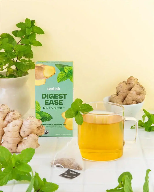 Health benefits: Peppermint and Spearmint teas with mint and ginger tea, showcasing herbal ingredients and a refreshing cup.