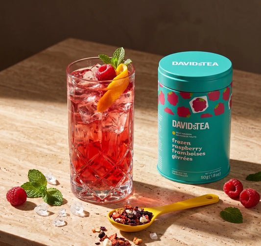 Frozen Raspberry Iced Tea Lemonade Recipe | Summer Refreshment with raspberry iced tea, mint, and DAVIDsTEA canister