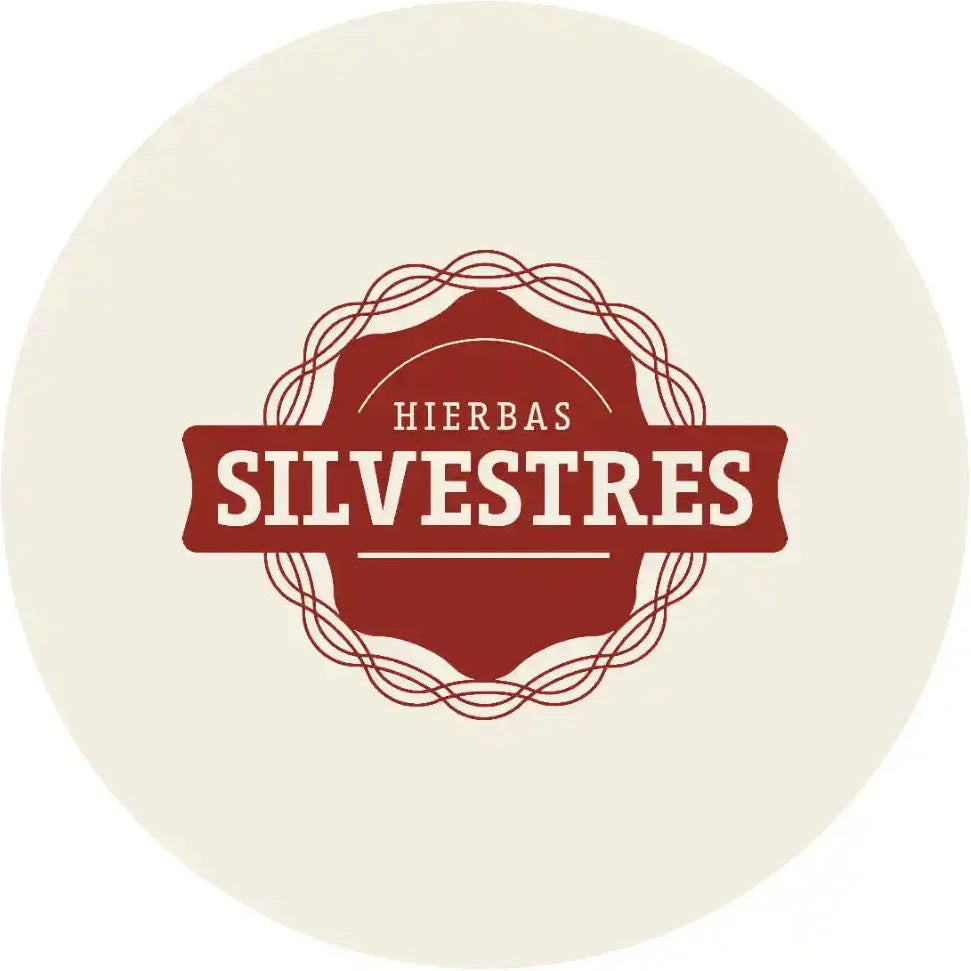A circular graphic with a cream background and a central dark red badge reading 'HIERBAS SILVESTRES' in white text, surrounded by a decorative rope-like border.