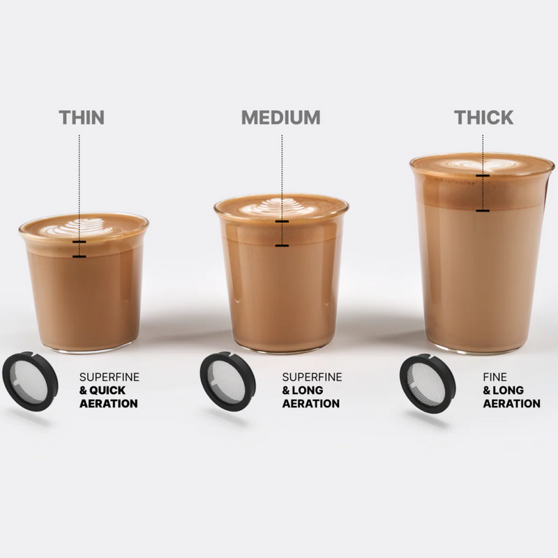 Three cups of coffee with varying foam thickness made with Sunminimal NanoFoamer V2, showcasing thin, medium, and thick microfoam options.
