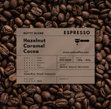 SOFE COFFEE Nutty Blend Espresso dark roast coffee beans with hazelnut, caramel and cocoa flavor notes, Costa Rica, Brazil and Indonesia origins, 300g or 800g