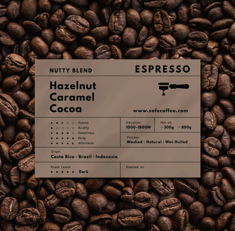 SOFE COFFEE Nutty Blend Espresso dark roast coffee beans with hazelnut, caramel and cocoa flavor notes, Costa Rica, Brazil and Indonesia origins, 300g or 800g