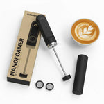 Sunminimal NanoFoamer V2 next to latte art, box, and accessories.