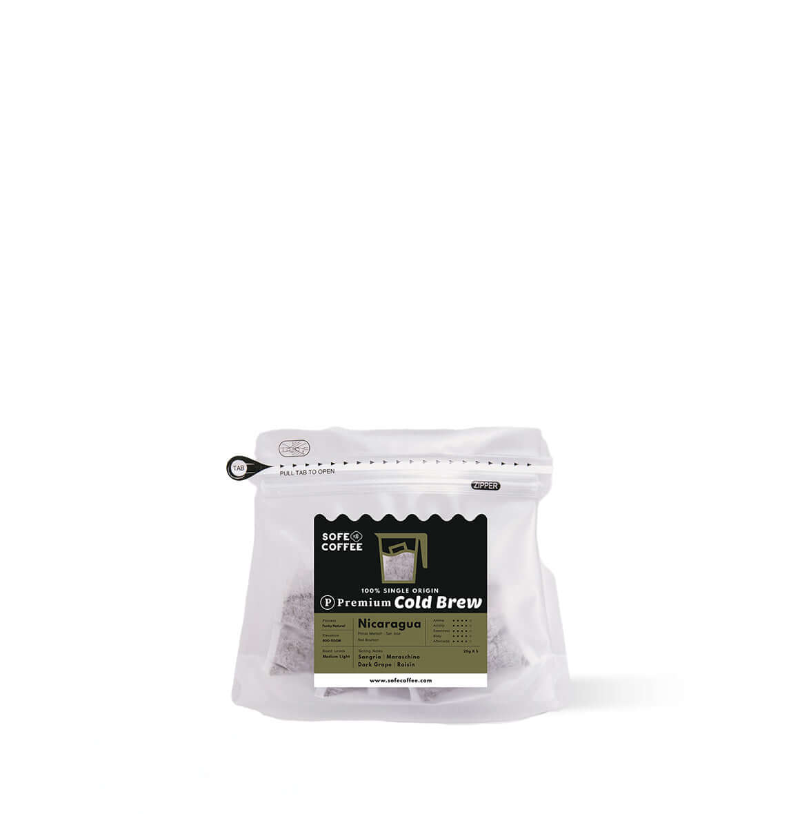 Cold Brew Coffee Bags Nicaragua - Sofe Premium, 20g x 5, smooth, rich chocolate and nutty notes, single-serve convenience.