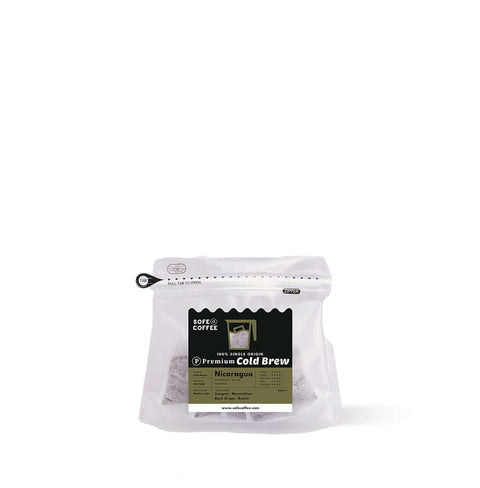 Cold Brew Coffee Bags Nicaragua - Sofe Premium, 20g x 5, smooth, rich chocolate and nutty notes, single-serve convenience.