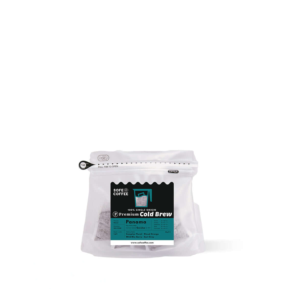 Premium Cold Brew Coffee Bags Panama Geisha in resealable pouch, perfect for iced coffee enthusiasts seeking rich, floral flavors.