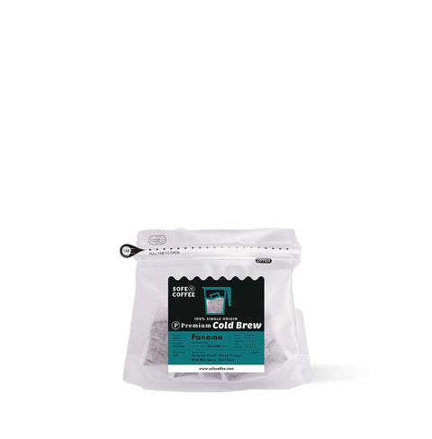 Premium Cold Brew Coffee Bags Panama Geisha in resealable pouch, perfect for iced coffee enthusiasts seeking rich, floral flavors.
