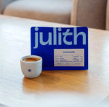Julith Blend specialty coffee with espresso cup, Brazil and Colombia coffee blend