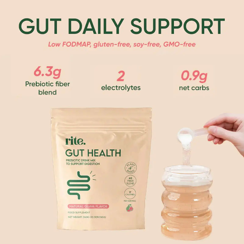 Rite Health offers 30 servings of a prebiotic drink mix with clinically proven fiber to aid digestion, boost fiber intake, and support a healthy gut microbiome.