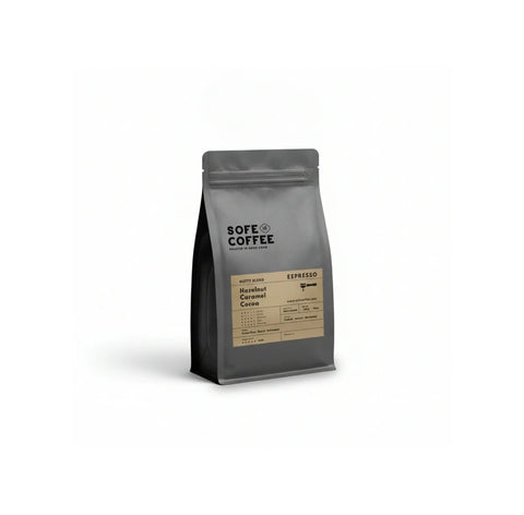 SOFE COFFEE Nutty Blend dark roast espresso coffee beans with hazelnut, caramel and cocoa tasting notes in a resealable black pouch
