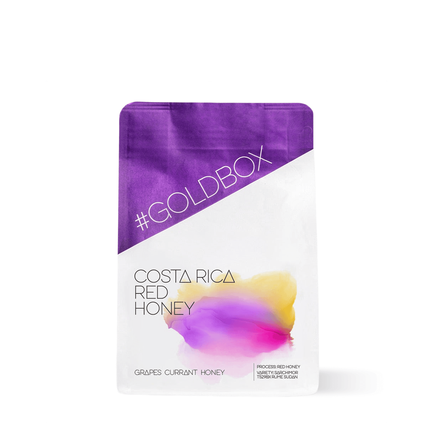 Costa Rica Red Honey Specialty Coffee in purple and white bag with gold text, featuring grape and honey notes on the packaging.
