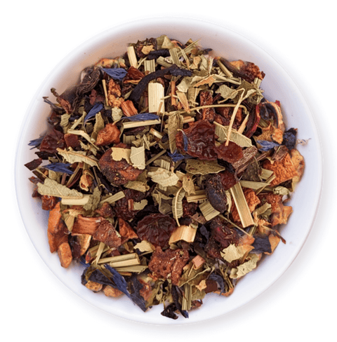 Winter Blend herbal tea featuring a colorful mix of hibiscus, cinnamon, orange zest, and vanilla in a white bowl.