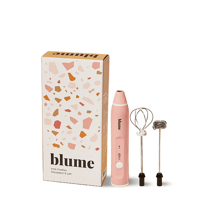 Blume's custom 3-speed Milk Frother. This frother includes two detachable whisk heads and a USB charging cable. Makes dreamy, cloud-like micro-foam