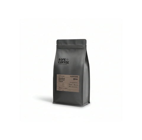 SOFE COFFEE Nutty Blend dark roast espresso coffee beans with hazelnut, caramel and cocoa tasting notes in a resealable black pouch