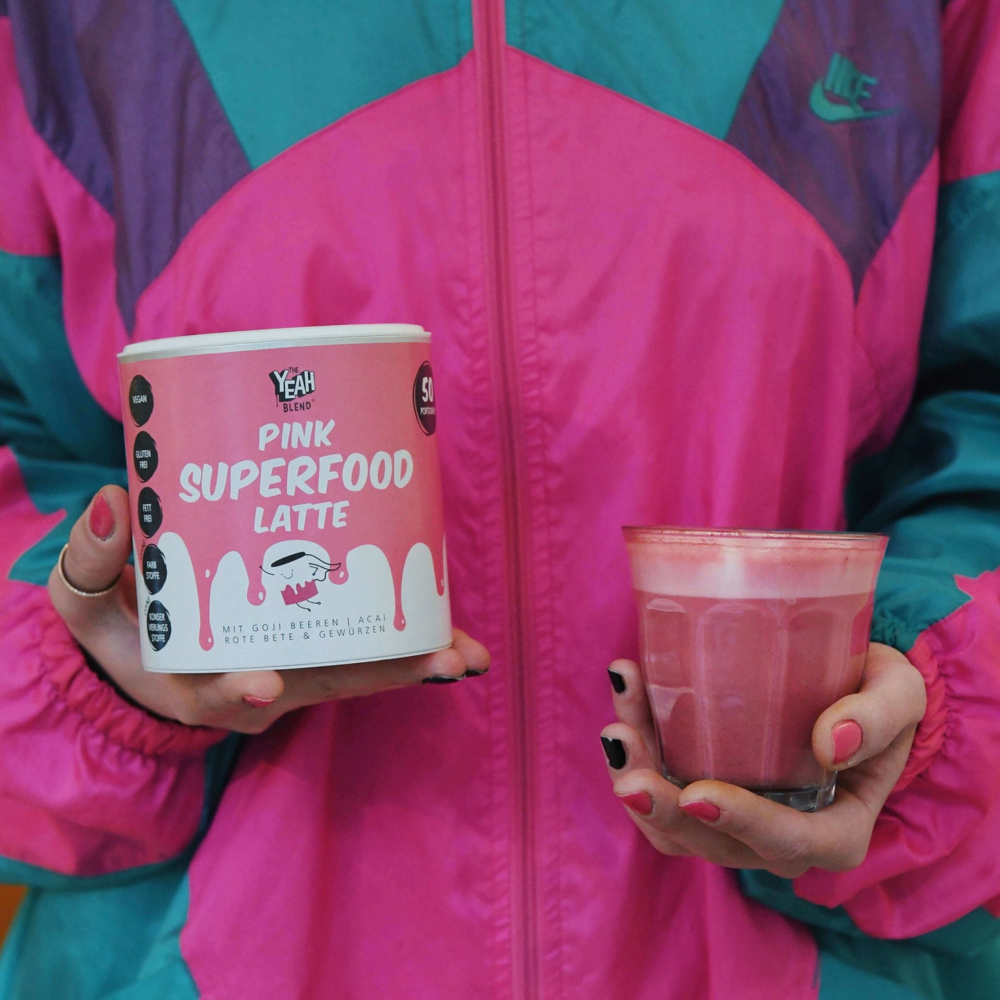  Pink Superfood Latte with acai and goji berries—fruity, tart, nutrient-rich, and a vibrant immune-boosting drink to lift your mood throughout the day.