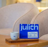 Julith Ethiopia Guji Shakiso Hoqata Reserve Natural specialty coffee pouch with coffee cup on wooden serving tray