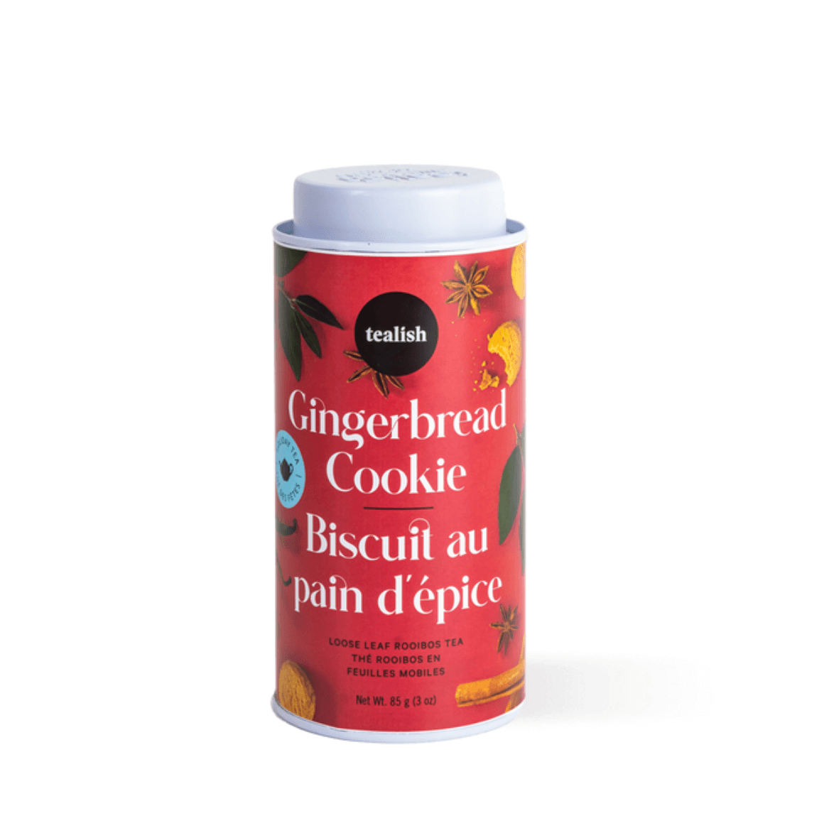 Gingerbread Cookie rooibos tea canister with festive design and aromatic spices, perfect for holiday gifting.