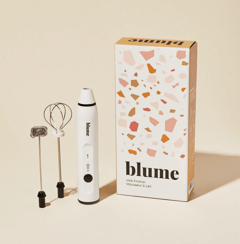Blume's custom 3-speed Milk Frother. This frother includes two detachable whisk heads and a USB charging cable. Makes dreamy, cloud-like micro-foam