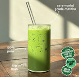 PerfectTed ceremonial grade matcha latte made with 100% pure Japanese matcha, showing 43mg caffeine per 5g serving, vegan and gluten-free