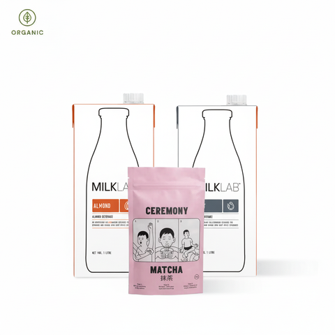 Matcha & Chill Bundle featuring organic almond and oat milk with vibrant matcha tea for a relaxing tea time.