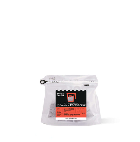 Cold Brew Coffee Bags Colombia + Mandarin, 5-pack, premium single-serve, smooth Colombian blend with citrus notes, Sofe brand.