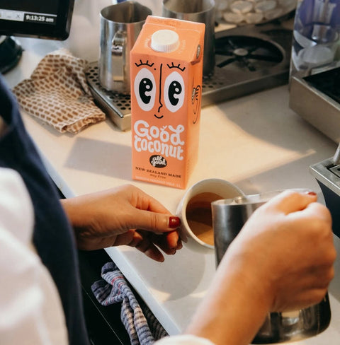 All Good Barista Coconut Milk – smooth, rich milk for latte art and coffee. Smooth, rich coconut milk that steams perfectly for latte art. Made in New Zealand for baristas and coffee lovers.
