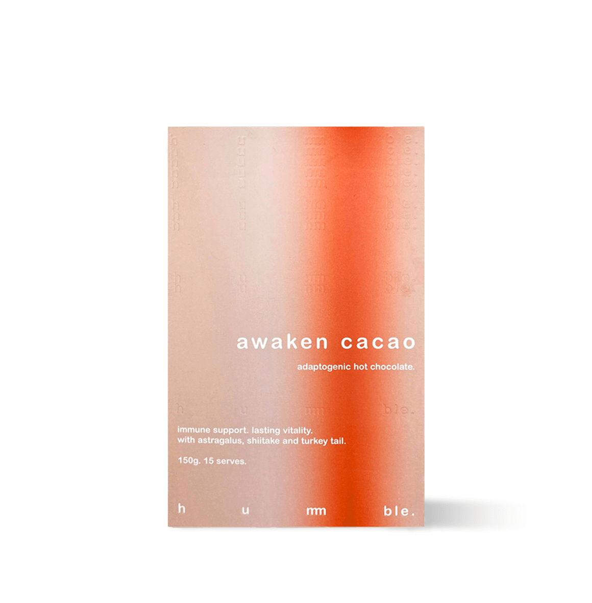 Hummble Awaken Cacao, a rich adaptogenic hot chocolate with astragalus, shiitake, and turkey tail, designed to support immunity, enhance resilience, and promote balance any time of day.
