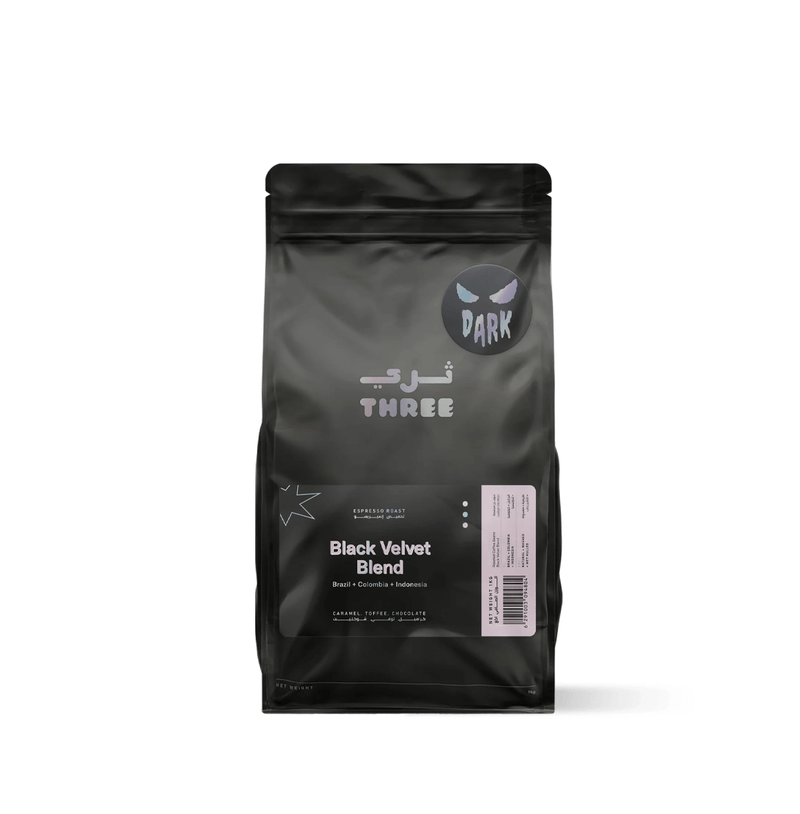 Black Velvet Blend by THREE Coffee is a bold seasonal espresso with Brazil, Sumatra & Colombia origins. Velvety crema, syrupy body & notes of caramel, molasses, and spice.