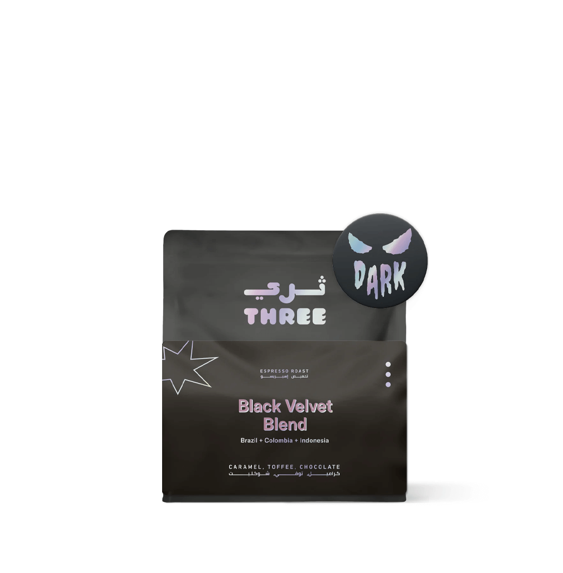 Black Velvet Blend by THREE Coffee is a bold seasonal espresso with Brazil, Sumatra & Colombia origins. Velvety crema, syrupy body & notes of caramel, molasses, and spice.