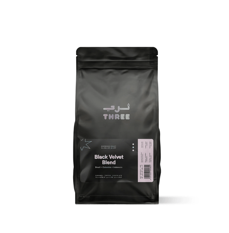 Black Velvet Blend by THREE Coffee is a bold seasonal espresso with Brazil, Sumatra & Colombia origins. Velvety crema, syrupy body & notes of caramel, molasses, and spice.
