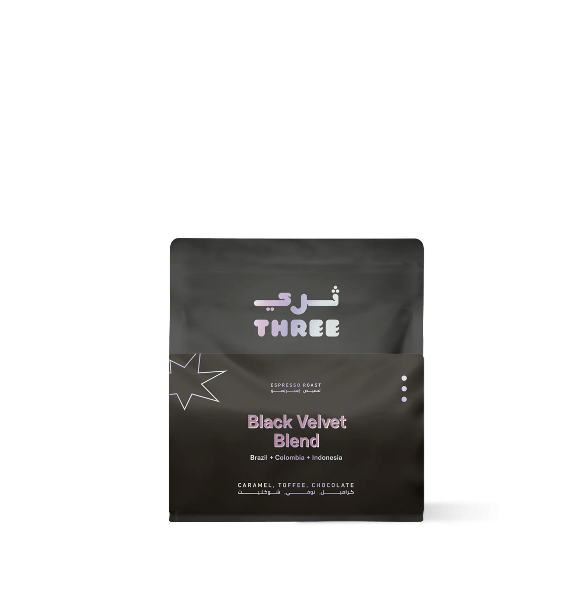 Black Velvet Blend by THREE Coffee is a bold seasonal espresso with Brazil, Sumatra & Colombia origins. Velvety crema, syrupy body & notes of caramel, molasses, and spice.