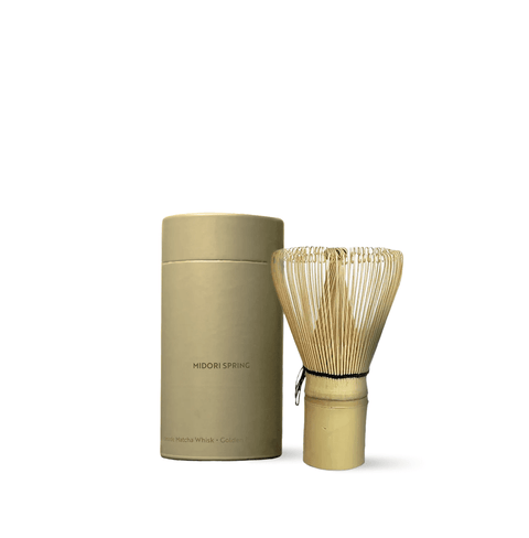 Ceremonial Matcha Starter Bundle by Midori Spring with 100g Emerald Matcha, 80-prong gold bamboo whisk, purple bamboo scoop, and wooden-handled sifter for authentic matcha preparation.