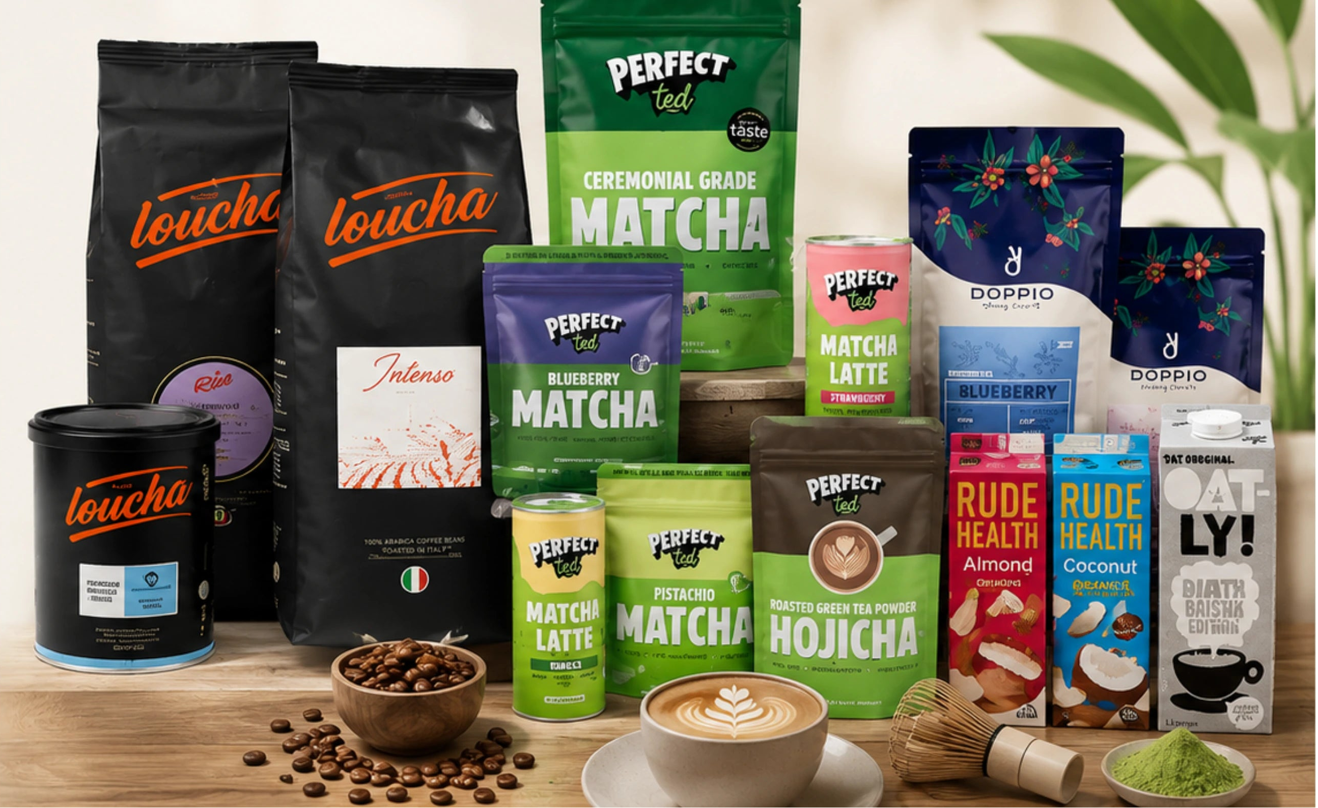 Banner for Bella Coffee showcasing specialty coffee beans, Perfect Ted matcha and hojicha, Doppio drinking chocolate, Rude Health plant-based drinks, and Oatly Barista Edition with a modern café-inspired design.